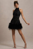 Lumi Black Sequin High-Neck Feather Trim Mini Dress