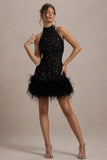 Lumi Black Sequin High-Neck Feather Trim Mini Dress