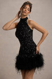Lumi Black Sequin High-Neck Feather Trim Mini Dress