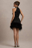 Lumi Black Sequin High-Neck Feather Trim Mini Dress