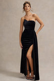 Zafira Black Velvet Strapless Draped Maxi Dress