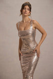 Sweet Spark Rose Gold Sequin Square-Neck Midi Dress