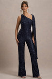 Star Seeker Navy Sequin One-Shoulder Cape Sleeve Jumpsuit