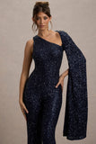 Star Seeker Navy Sequin One-Shoulder Cape Sleeve Jumpsuit