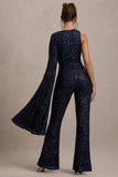 Star Seeker Navy Sequin One-Shoulder Cape Sleeve Jumpsuit