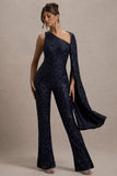 Star Seeker Navy Sequin One-Shoulder Cape Sleeve Jumpsuit