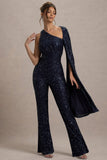 Star Seeker Navy Sequin One-Shoulder Cape Sleeve Jumpsuit
