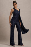 Star Seeker Navy Sequin One-Shoulder Cape Sleeve Jumpsuit