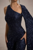 Star Seeker Navy Sequin One-Shoulder Cape Sleeve Jumpsuit