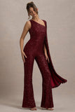 Star Seeker Port Sequin One-Shoulder Cape Sleeve Jumpsuit