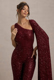 Star Seeker Port Sequin One-Shoulder Cape Sleeve Jumpsuit