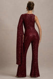 Star Seeker Port Sequin One-Shoulder Cape Sleeve Jumpsuit