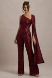 Star Seeker Port Sequin One-Shoulder Cape Sleeve Jumpsuit