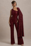 Star Seeker Port Sequin One-Shoulder Cape Sleeve Jumpsuit