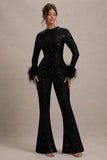 Asteroid Black Sequin Long-Sleeve Jumpsuit With Feather Cuffs