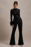 Asteroid Black Sequin Long-Sleeve Jumpsuit With Feather Cuffs