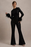 Asteroid Black Sequin Long-Sleeve Jumpsuit With Feather Cuffs
