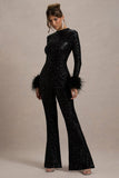 Asteroid Black Sequin Long-Sleeve Jumpsuit With Feather Cuffs