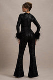 Asteroid Black Sequin Long-Sleeve Jumpsuit With Feather Cuffs