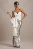 Ceres Ecru Strapless Draped Maxi Dress With Sequin Skirt