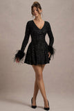 Lopez Black Sequin Plunge-Neck Feather Trim Mini Dress
