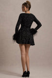 Lopez Black Sequin Plunge-Neck Feather Trim Mini Dress