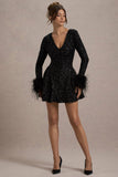 Lopez Black Sequin Plunge-Neck Feather Trim Mini Dress