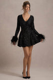 Lopez Black Sequin Plunge-Neck Feather Trim Mini Dress
