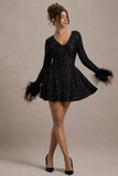 Lopez Black Sequin Plunge-Neck Feather Trim Mini Dress