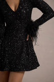 Lopez Black Sequin Plunge-Neck Feather Trim Mini Dress