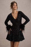 Lopez Black Sequin Plunge-Neck Feather Trim Mini Dress