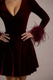 Pasilla Port Velvet Plunge-Neck Feather Trim Mini Dress