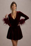 Pasilla Port Velvet Plunge-Neck Feather Trim Mini Dress