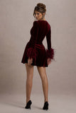 Pasilla Port Velvet Plunge-Neck Feather Trim Mini Dress