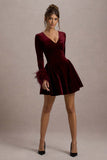 Pasilla Port Velvet Plunge-Neck Feather Trim Mini Dress