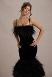 Kalena Black Velvet Feather Trim Midi Dress