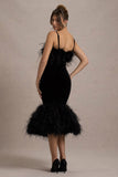 Kalena Black Velvet Feather Trim Midi Dress