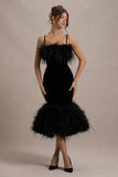 Kalena Black Velvet Feather Trim Midi Dress