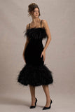 Kalena Black Velvet Feather Trim Midi Dress