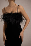 Kalena Black Velvet Feather Trim Midi Dress