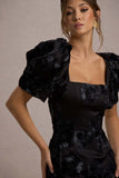Marilla Black Mesh Floral Square-Neck Puff-Sleeve Maxi Dress