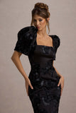 Marilla Black Mesh Floral Square-Neck Puff-Sleeve Maxi Dress