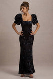 Marilla Black Mesh Floral Square-Neck Puff-Sleeve Maxi Dress
