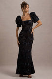 Marilla Black Mesh Floral Square-Neck Puff-Sleeve Maxi Dress