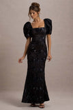 Marilla Black Mesh Floral Square-Neck Puff-Sleeve Maxi Dress