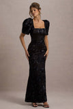 Marilla Black Mesh Floral Square-Neck Puff-Sleeve Maxi Dress
