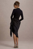 Luanna Black Satin Long-Sleeve Midi Dress With Draped Skirt