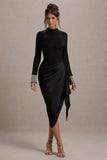 Luanna Black Satin Long-Sleeve Midi Dress With Draped Skirt