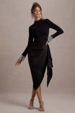 Luanna Black Satin Long-Sleeve Midi Dress With Draped Skirt