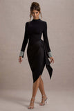 Luanna Black Satin Long-Sleeve Midi Dress With Draped Skirt